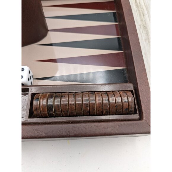 Vintage Backgammon Complete Small Travel Faux Leather Board Game - Picture 7 of 10